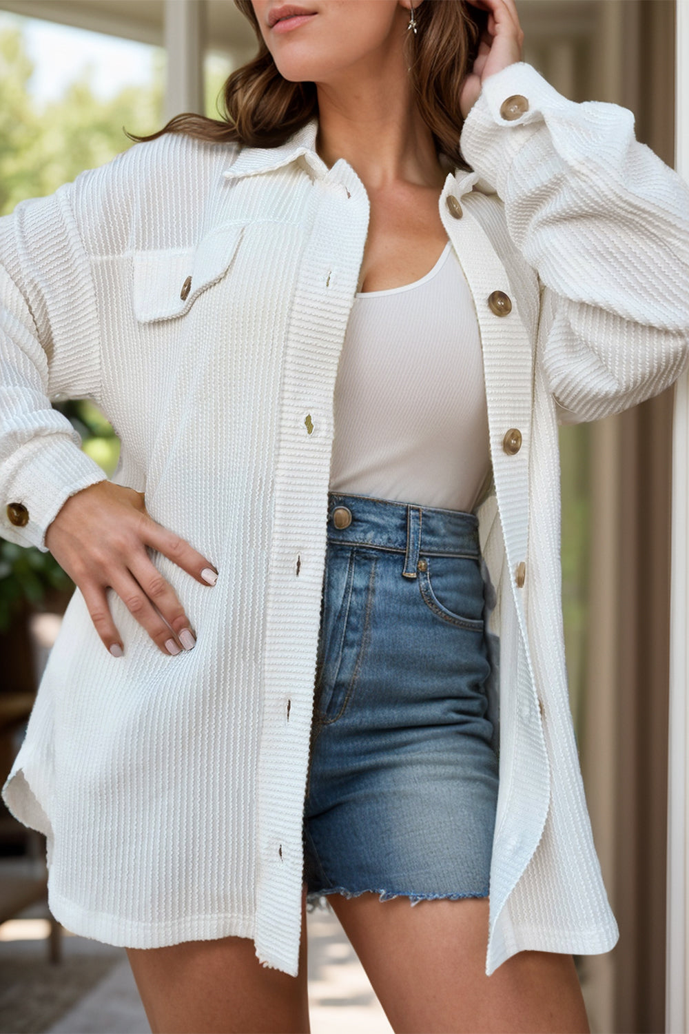 Plus Size Button Up Long Sleeve Jacket-TOPS / DRESSES-[Adult]-[Female]-White-1XL-2022 Online Blue Zone Planet