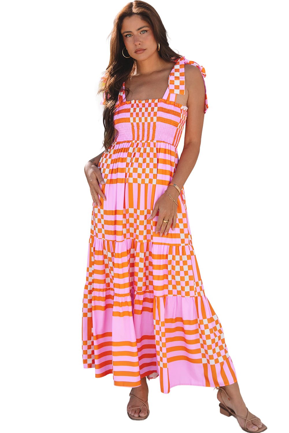Pink Boho Gingham Tied Straps Smocked Maxi Dress-Dresses/Maxi Dresses-[Adult]-[Female]-2022 Online Blue Zone Planet