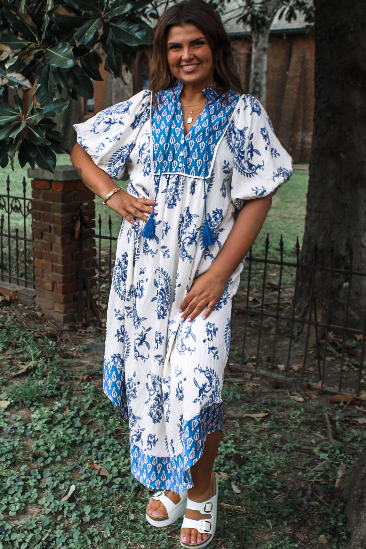 Sky Blue Boho Abstract Print Contrast Trim V Neck Tassel Tie Dress-Dresses/Floral Dresses-[Adult]-[Female]-2022 Online Blue Zone Planet