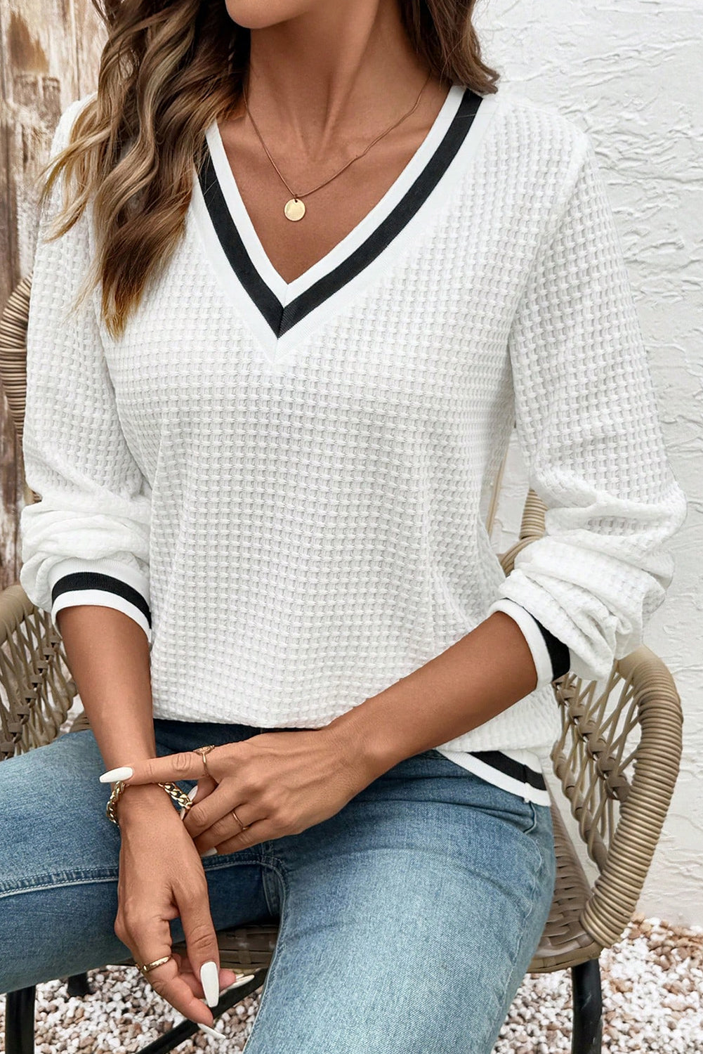 White Textured Knit Preppy Striped Trim V Neck Pullover Waffle Top-Tops/Long Sleeve Tops-[Adult]-[Female]-White-S-2022 Online Blue Zone Planet