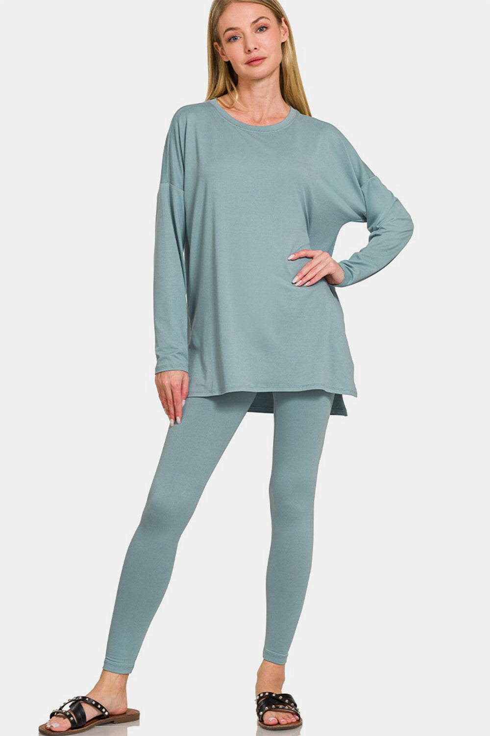 Blue Zone Planet | Zenana Full Size Brushed Microfiber Top and Leggings Lounge Set-TOPS / DRESSES-[Adult]-[Female]-Blue Grey-S-2022 Online Blue Zone Planet