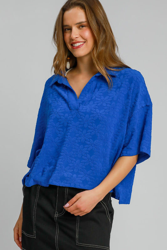 Umgee Floral Johnny Collar Half Sleeve Jacquard Top-TOPS / DRESSES-[Adult]-[Female]-Royal Blue-S-2022 Online Blue Zone Planet