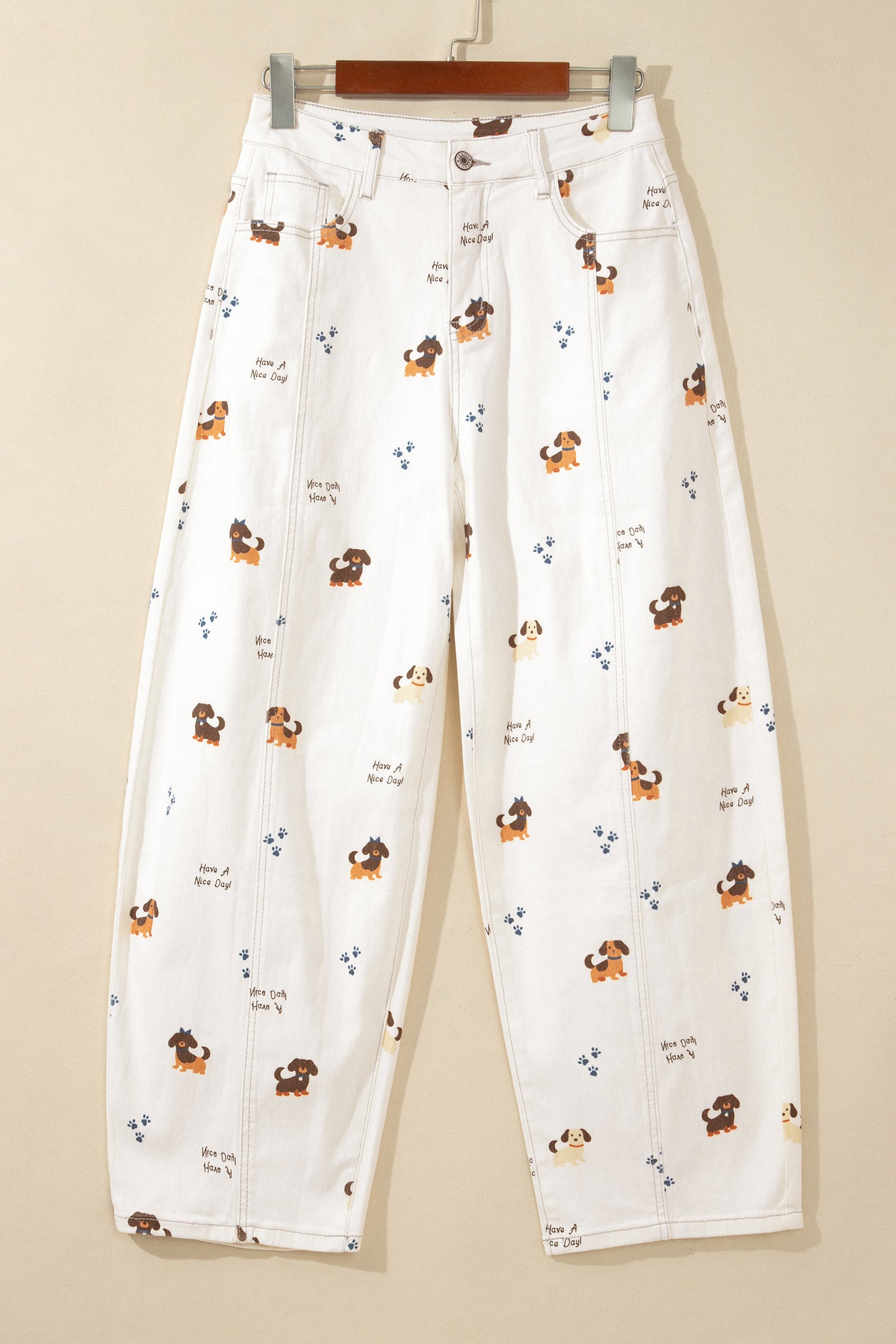 White Abstract Dog Print Wide Leg Full-Length Jeans-Bottoms/Jeans-[Adult]-[Female]-2022 Online Blue Zone Planet