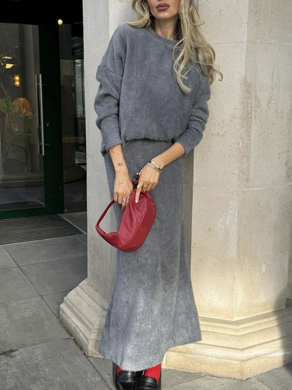 Round Neck Dropped Shoulder Top and Midi Skirt Sweater Set-TOPS / DRESSES-[Adult]-[Female]-Dark Gray-One Size-2022 Online Blue Zone Planet