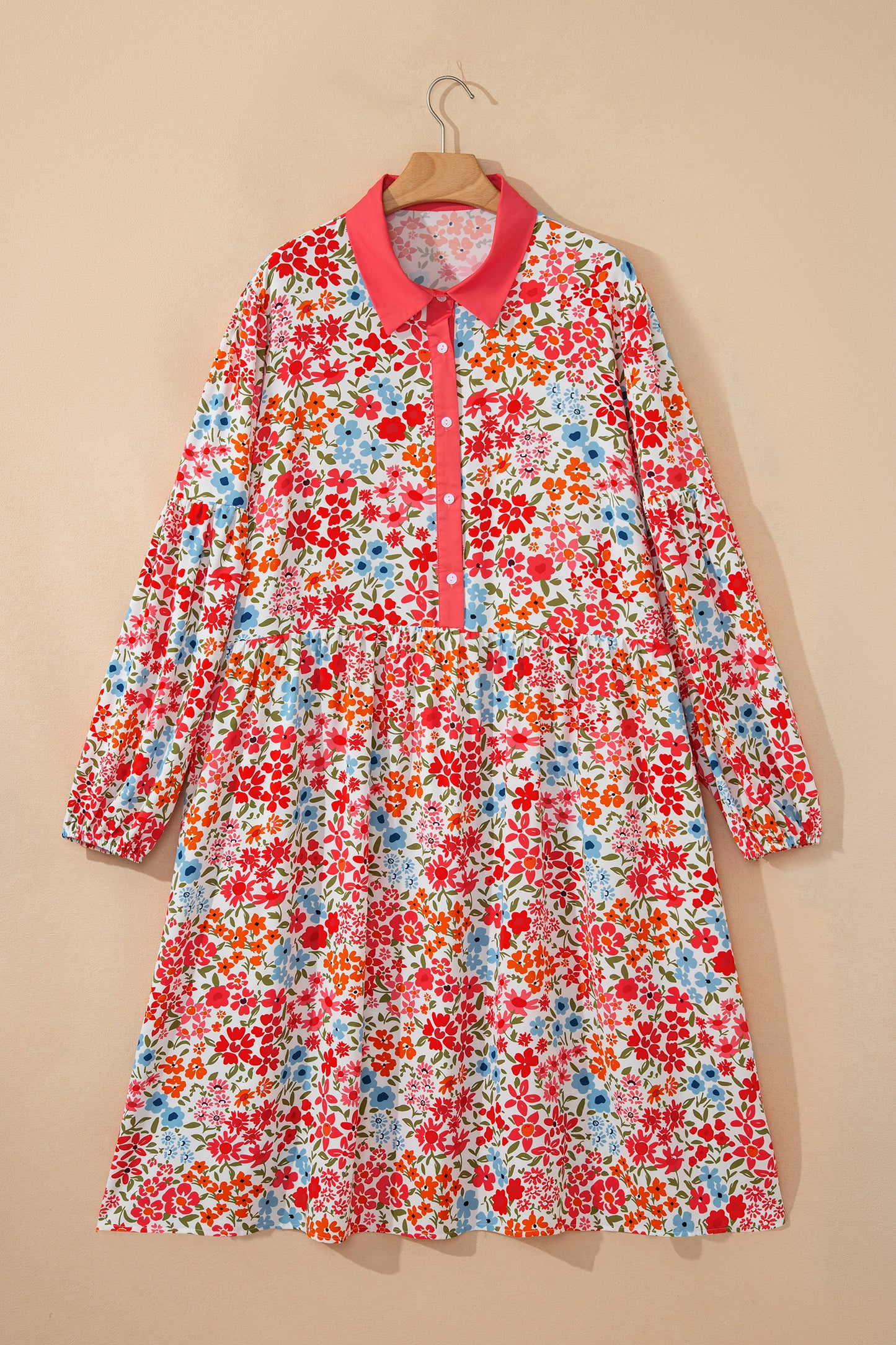 Pink Plus Size Button V Neck Leopard Print Puff Sleeve Loose Mini Dress-TOPS / DRESSES-[Adult]-[Female]-2022 Online Blue Zone Planet