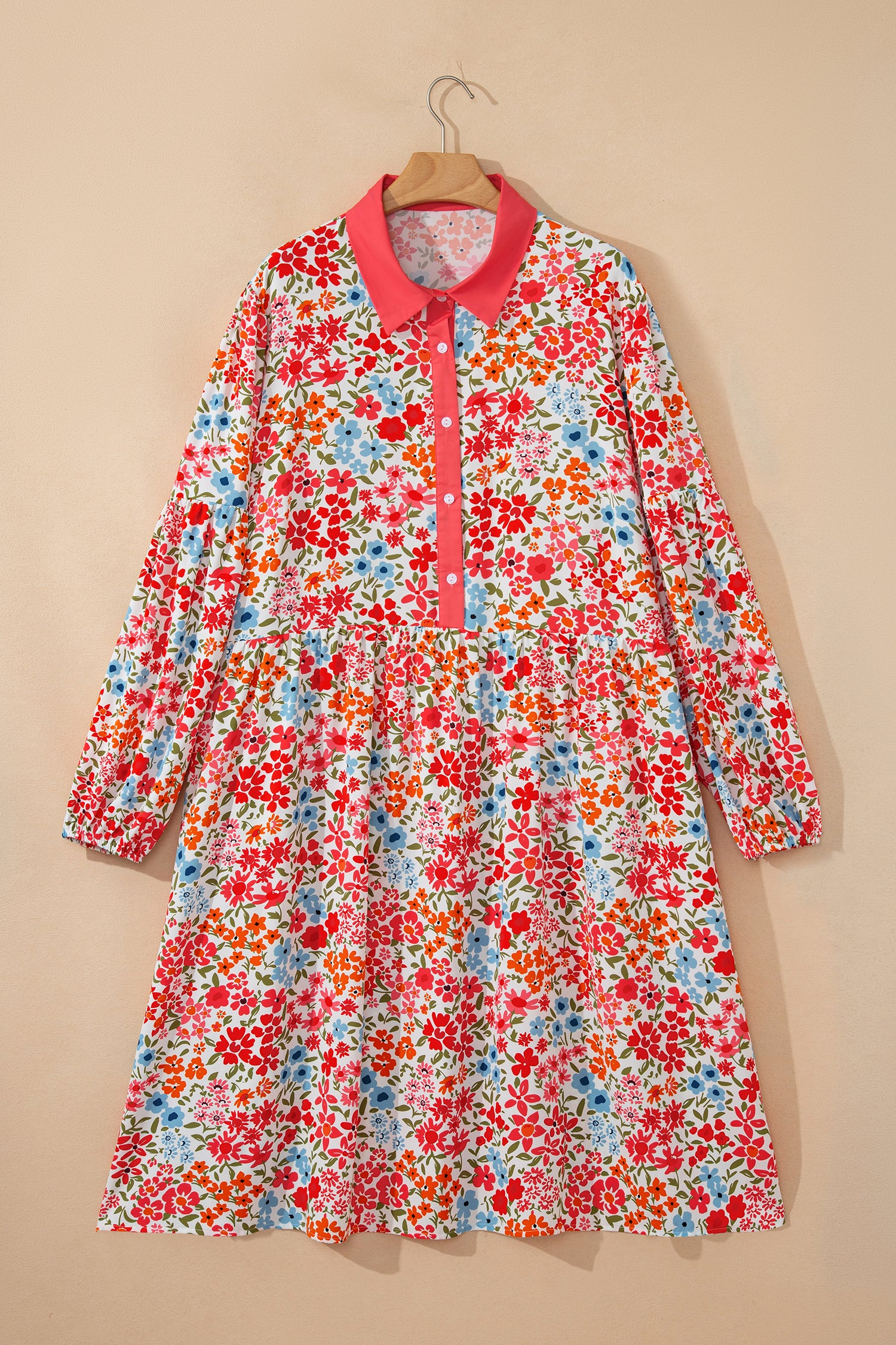Pink Plus Size Button V Neck Leopard Print Puff Sleeve Loose Mini Dress-TOPS / DRESSES-[Adult]-[Female]-2022 Online Blue Zone Planet