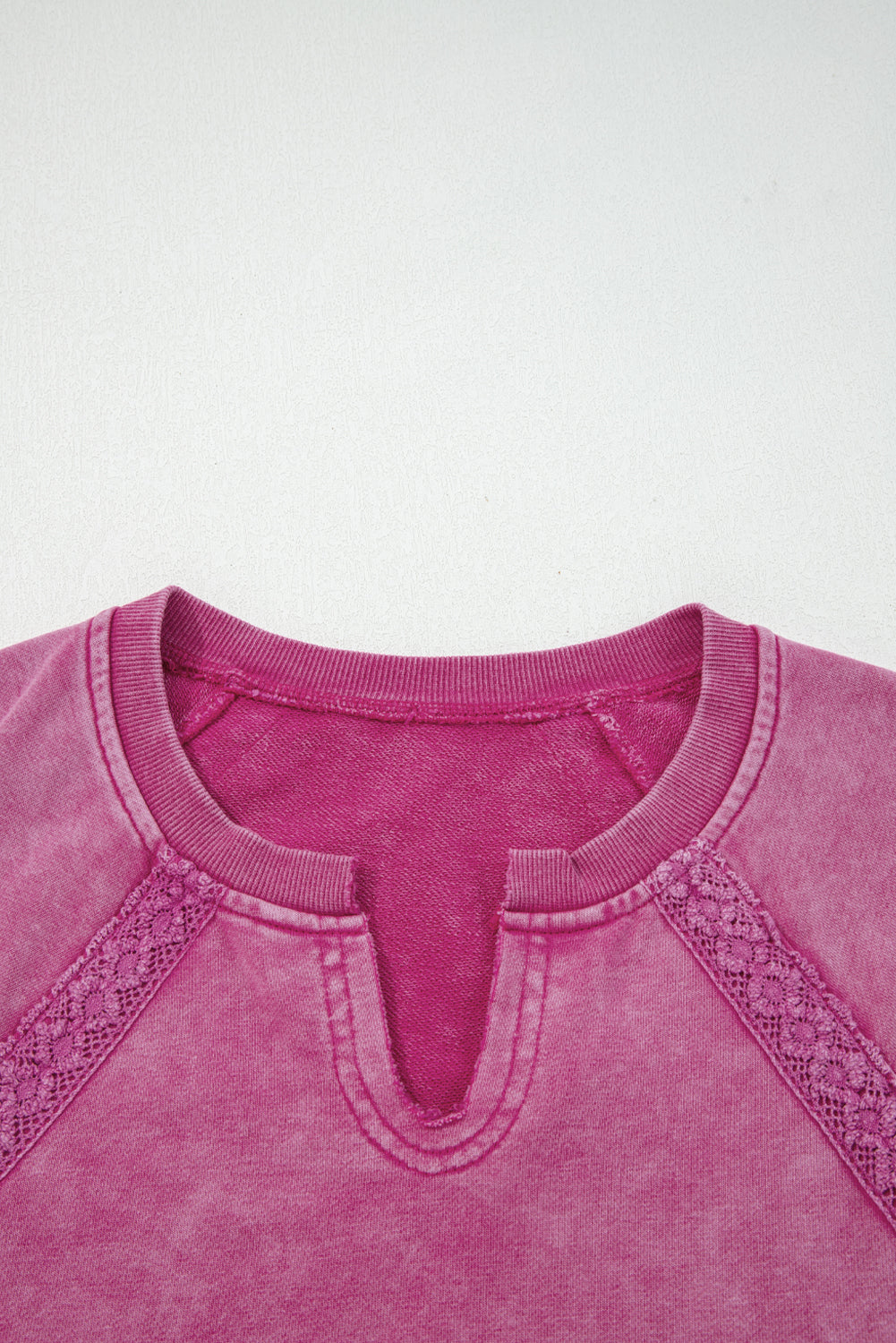 Rose Red Lace Patchwork Detail Notched Neck Mineral Wash Baggy Sweatshirt-Tops/Sweatshirts & Hoodies-[Adult]-[Female]-2022 Online Blue Zone Planet