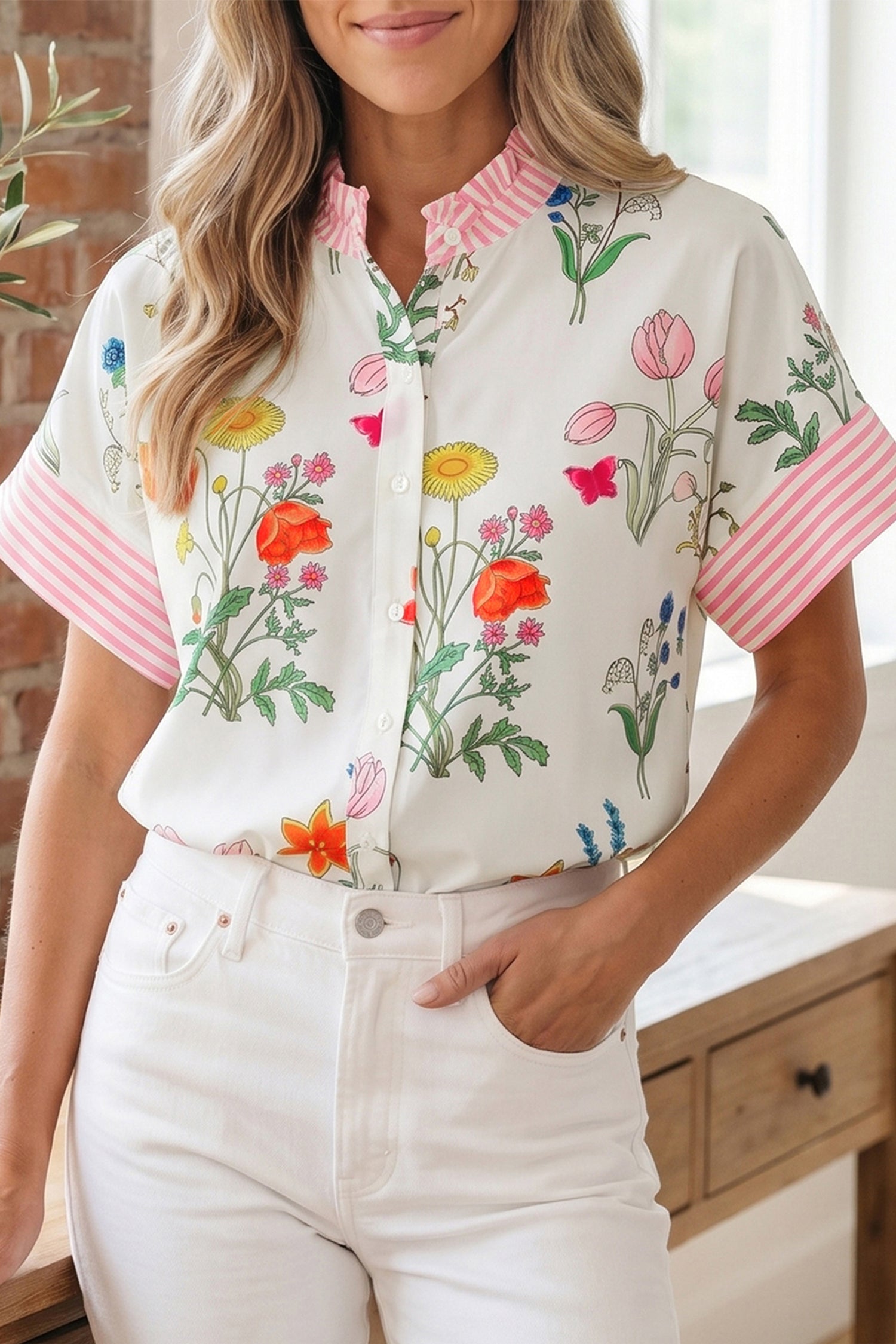Beige Floral Striped Patchwork Ruffled Collar Short Sleeve Shirt-Tops/Blouses & Shirts-[Adult]-[Female]-2022 Online Blue Zone Planet