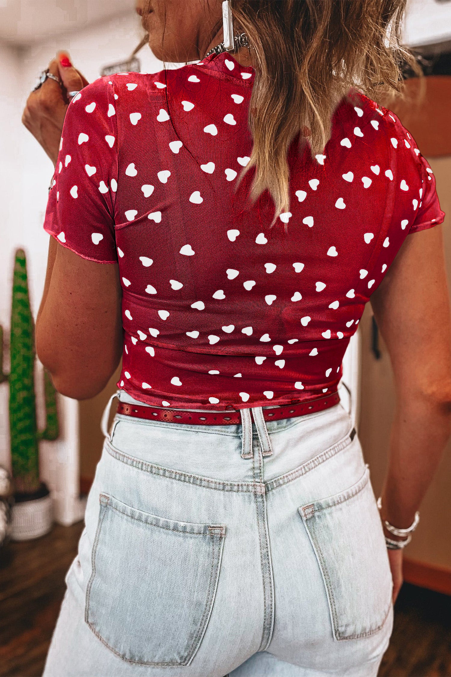 Racing Red Allover Heart Print Mesh Short Sleeve Top-Pre Order Tops-[Adult]-[Female]-2022 Online Blue Zone Planet