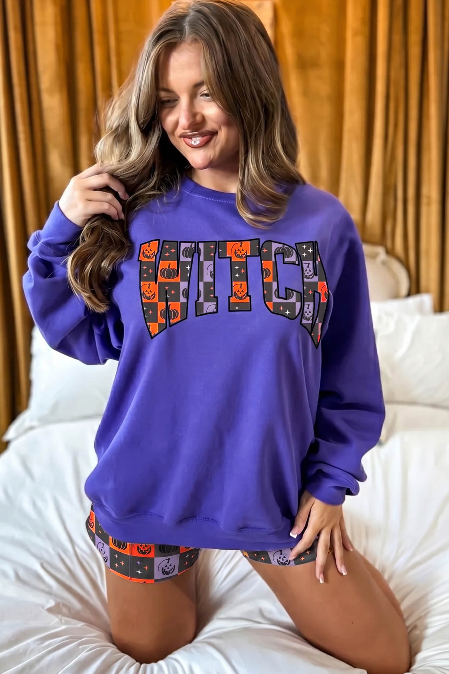 Orange Witch Letter Print Long Sleeve Top Checkered Elastic Waist Shorts Set-Two Piece Sets/Short Sets-[Adult]-[Female]-2022 Online Blue Zone Planet
