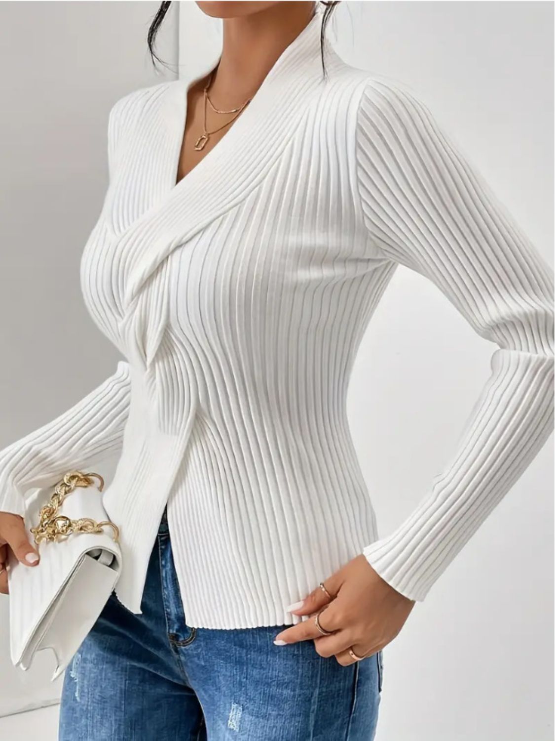 Twist Front Ribbed Long Sleeve Sweater-TOPS / DRESSES-[Adult]-[Female]-2022 Online Blue Zone Planet