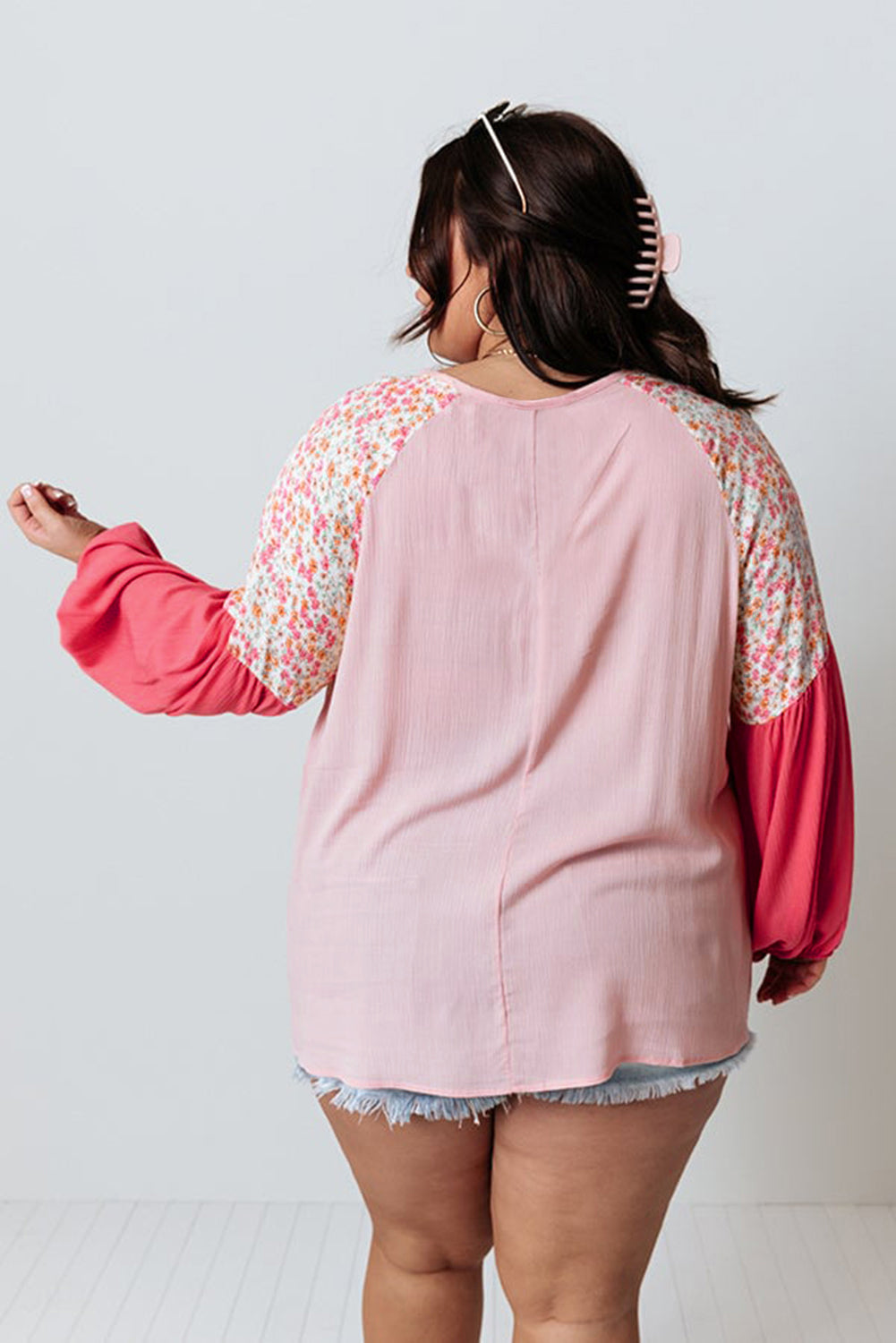 Pink Contrast Floral Patchwork Long Sleeve Plus Size Blouse-Plus Size/Plus Size Tops/Plus Size Long Sleeve Tops-[Adult]-[Female]-2022 Online Blue Zone Planet