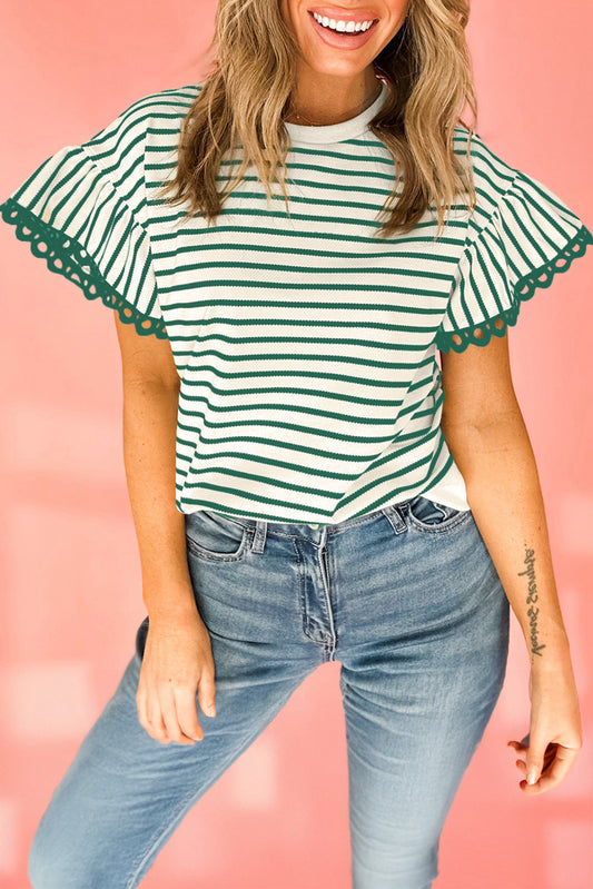 Green Stripe Scallop Lace Trim Ruffle Short Sleeves Crewneck Top-Tops/Blouses & Shirts-[Adult]-[Female]-Green Stripe-S-2022 Online Blue Zone Planet
