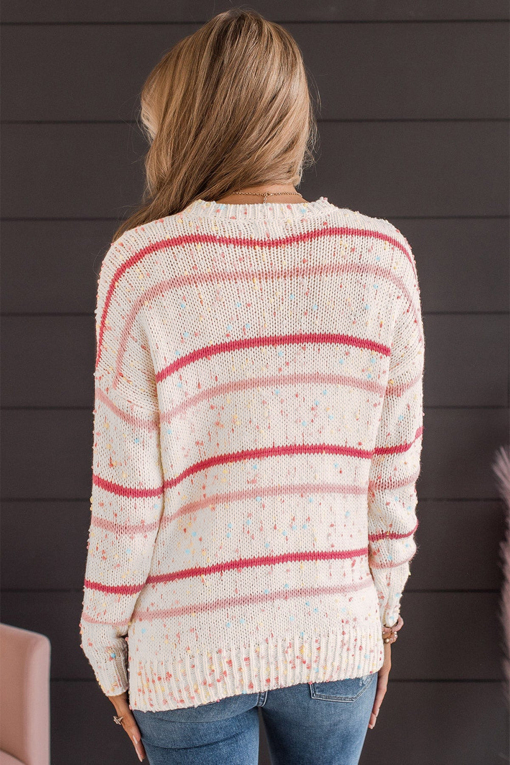 Pink Striped Confetti Drop Sleeve Knit Sweater-Sweaters-[Adult]-[Female]-2022 Online Blue Zone Planet