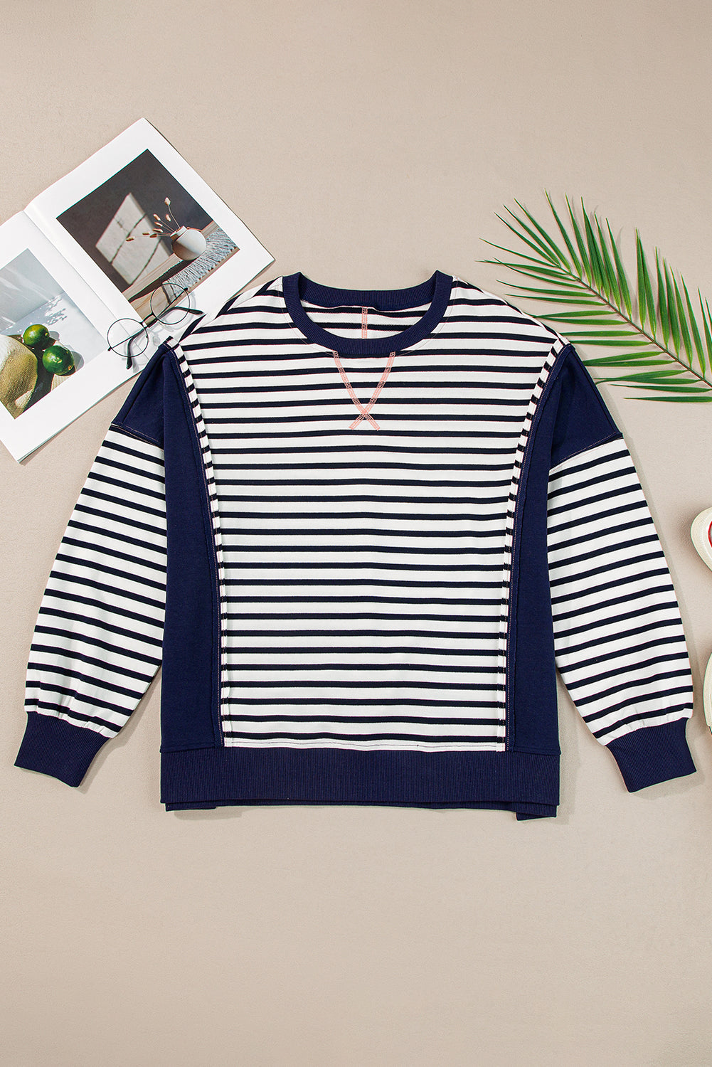 Exposed Seam Striped Long Sleeve Sweatshirt-TOPS / DRESSES-[Adult]-[Female]-2022 Online Blue Zone Planet