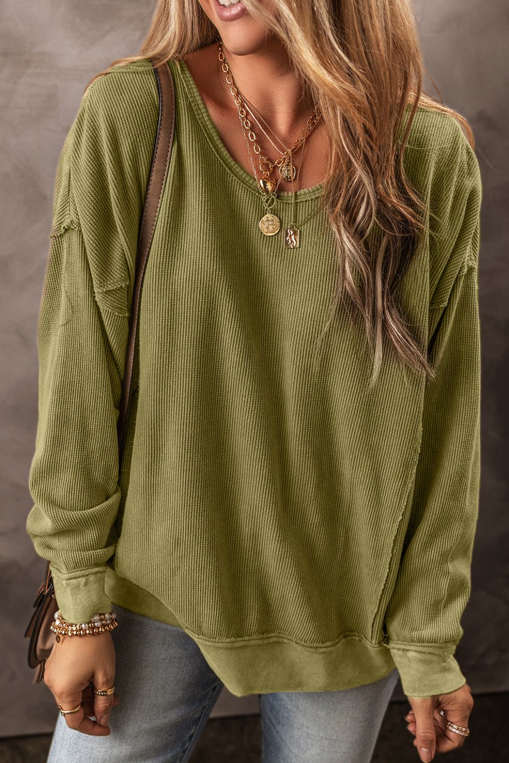 Blue Zone Planet | Textured Round Neck Long Sleeve Sweatshirt-TOPS / DRESSES-[Adult]-[Female]-Matcha Green-S-2022 Online Blue Zone Planet