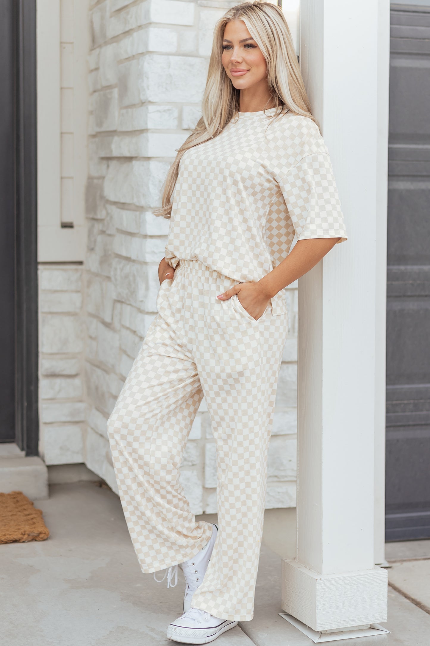 Khaki Checkered Print Half Sleeve Tee 2pcs Lounge Pant Set-Loungewear & Sleepwear/Loungewear-[Adult]-[Female]-2022 Online Blue Zone Planet