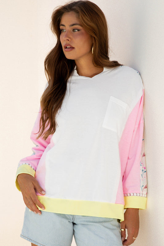 White Floral Colorblock Patchwork Chest Pocket Notched Neck Long Sleeve Top-Tops/Sweatshirts & Hoodies-[Adult]-[Female]-2022 Online Blue Zone Planet