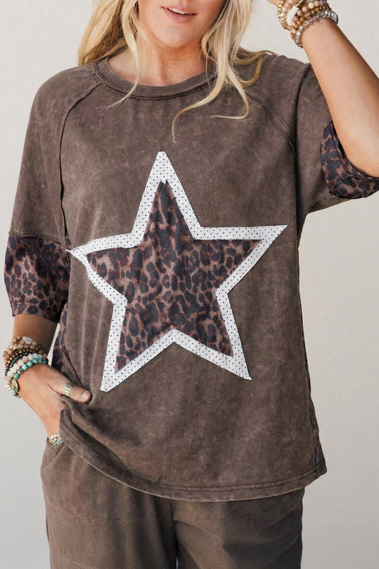 Coffee Mineral Wash Exposed Seam Leopard Star Patched T Shirt-Tops/Tops & Tees-[Adult]-[Female]-Coffee-S-2022 Online Blue Zone Planet