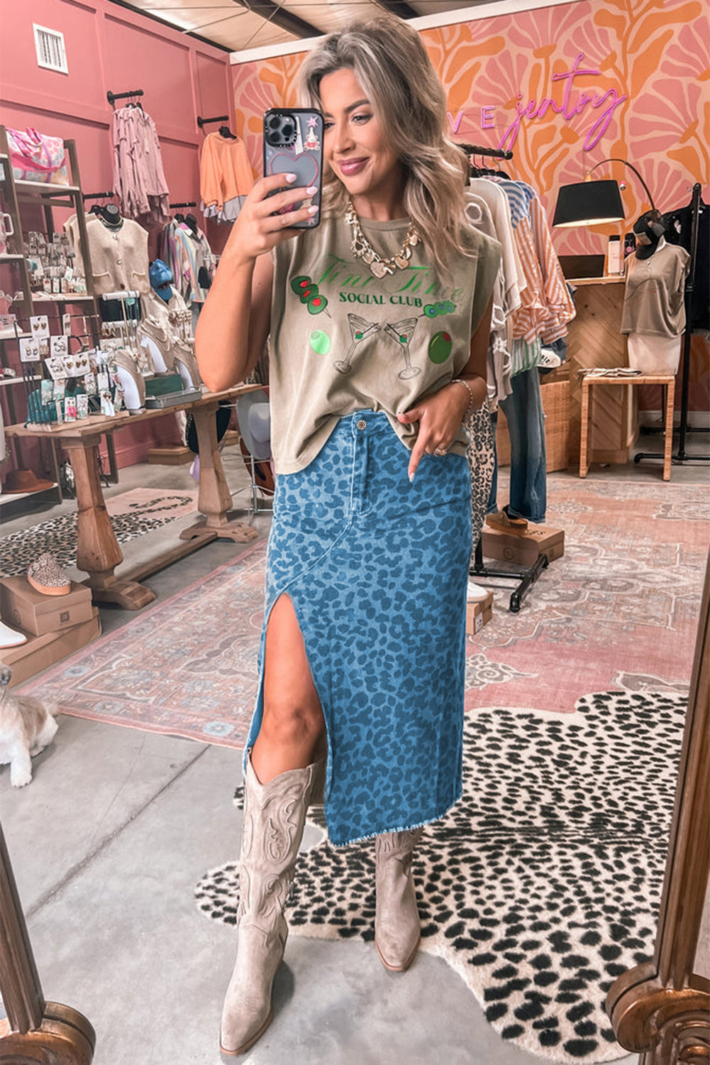 Sky Blue Leopard Denim Frayed Split Denim Midi Skirt-Bottoms/Skirts & Petticoat-[Adult]-[Female]-2022 Online Blue Zone Planet