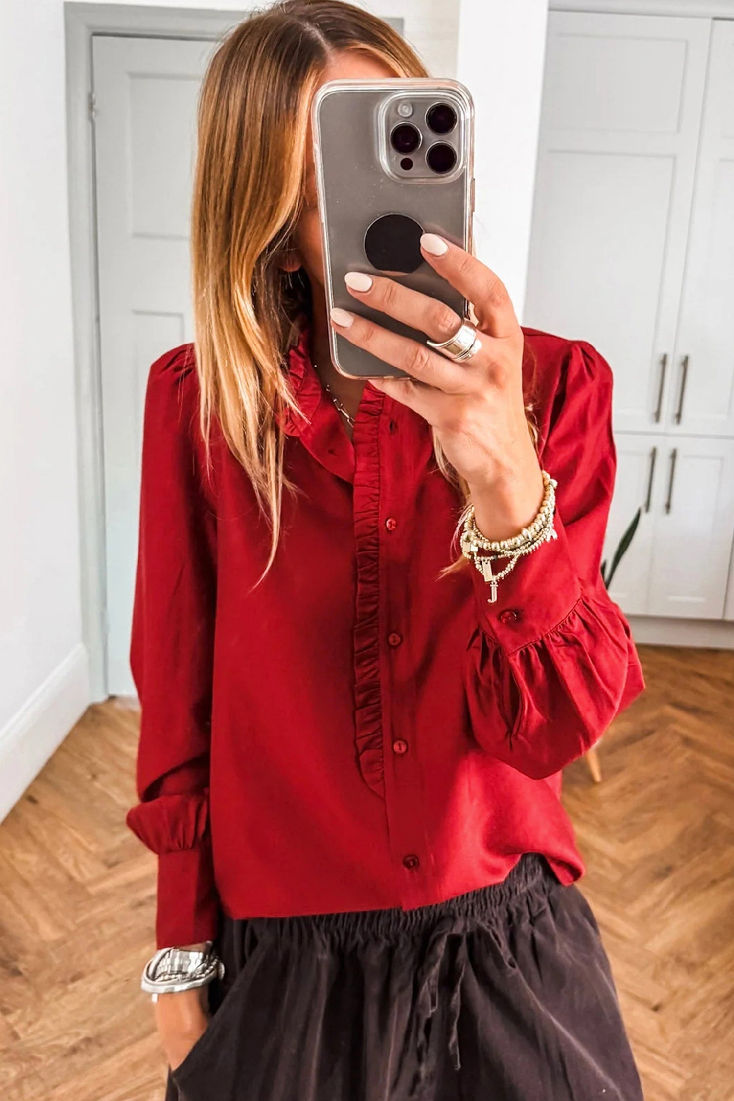 Fiery Red Frilled Trim Button Up Pleated Long Sleeve Shirt-Tops/Blouses & Shirts-[Adult]-[Female]-2022 Online Blue Zone Planet