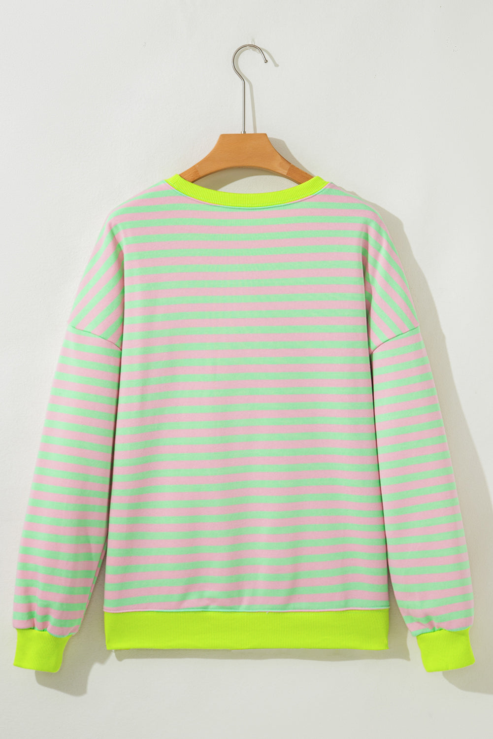 Green Stripe Contrast Ribbed Trim Crossed Stitch Drop Shoulder Sweatshirt-Tops/Sweatshirts & Hoodies-[Adult]-[Female]-2022 Online Blue Zone Planet
