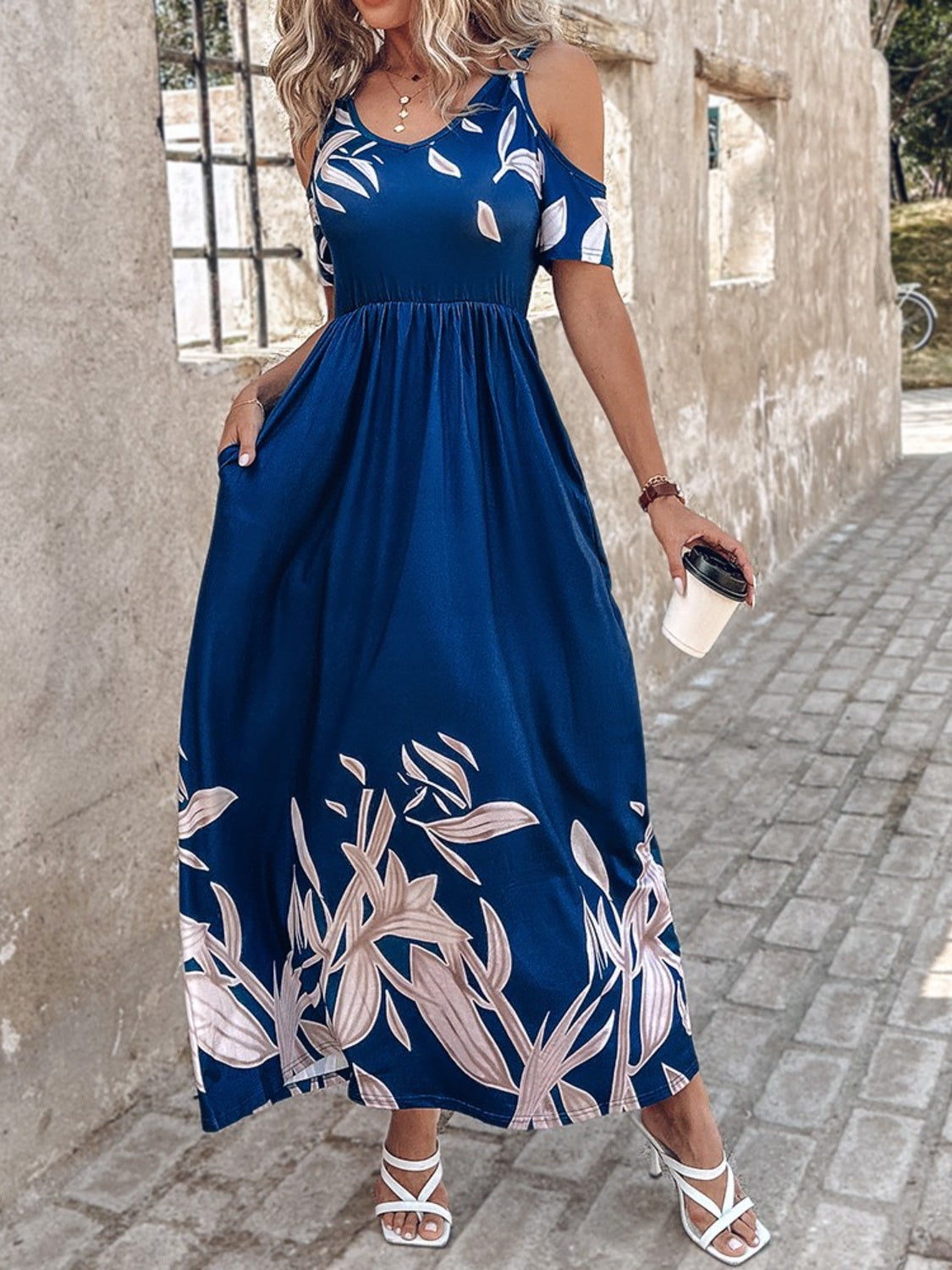 Blue Zone Planet | Printed Cold Shoulder Short Sleeve Maxi Dress-TOPS / DRESSES-[Adult]-[Female]-2022 Online Blue Zone Planet