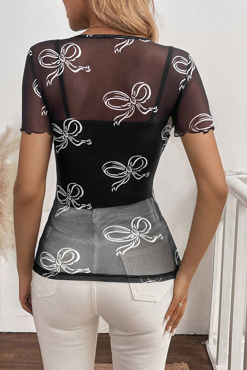 Black Bow Printed Mesh Short Sleeve Top-Tops/Tops & Tees-[Adult]-[Female]-2022 Online Blue Zone Planet