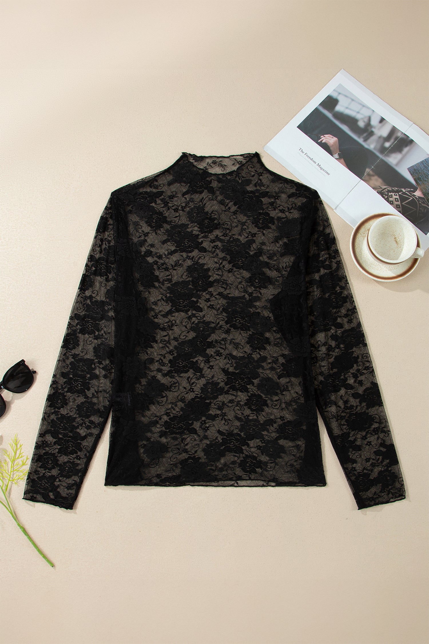 Black Plus Size Floral Mesh Long Sleeve Top-Plus Size/Plus Size Tops/Plus Size Long Sleeve Tops-[Adult]-[Female]-2022 Online Blue Zone Planet