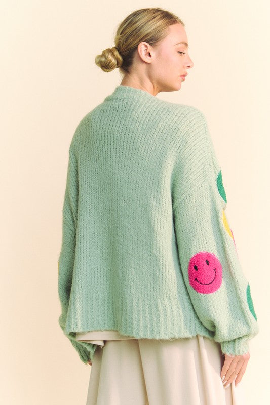 Davi & Dani Fuzzy Smile Open Front Long Sleeve Cardigan-TOPS / DRESSES-[Adult]-[Female]-2022 Online Blue Zone Planet