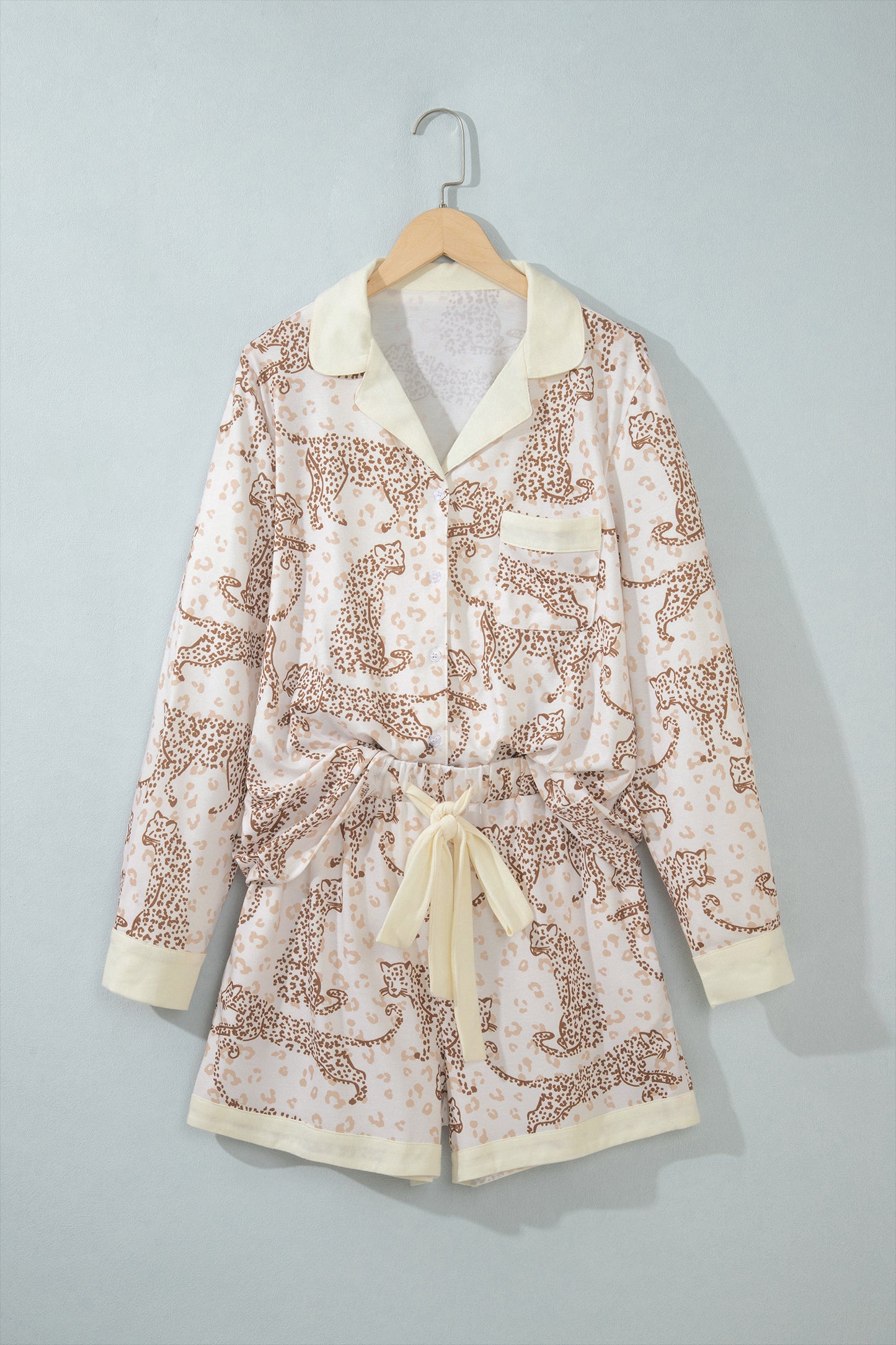 Yellow Leopard Print Colorblock Pocket Placket Long Sleeve Lounge Set-Loungewear & Sleepwear/Loungewear-[Adult]-[Female]-2022 Online Blue Zone Planet