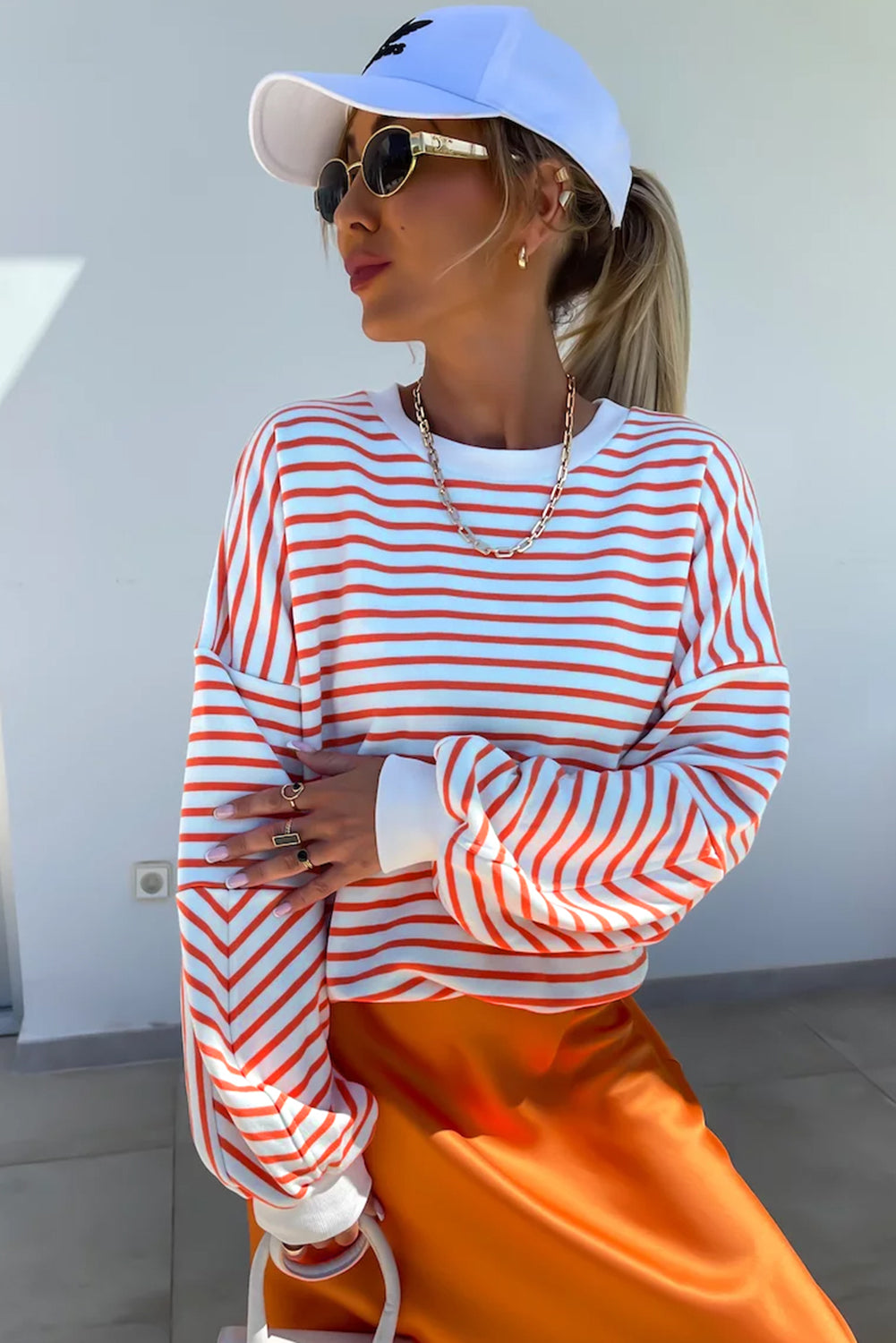 Orange Stripe Drop Shoulder Crew Neck Loose Sweatshirt-Tops/Sweatshirts & Hoodies-[Adult]-[Female]-2022 Online Blue Zone Planet