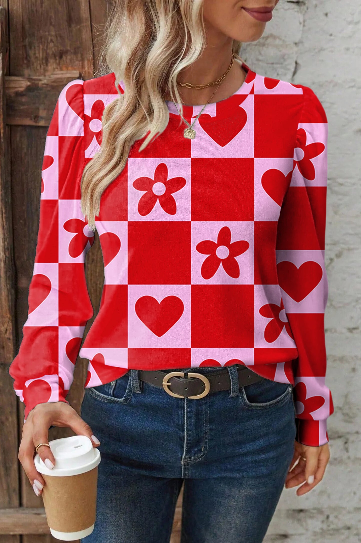 Beige Flower Heart Festive Valentine Blouse-Tops/Blouses & Shirts-[Adult]-[Female]-2022 Online Blue Zone Planet