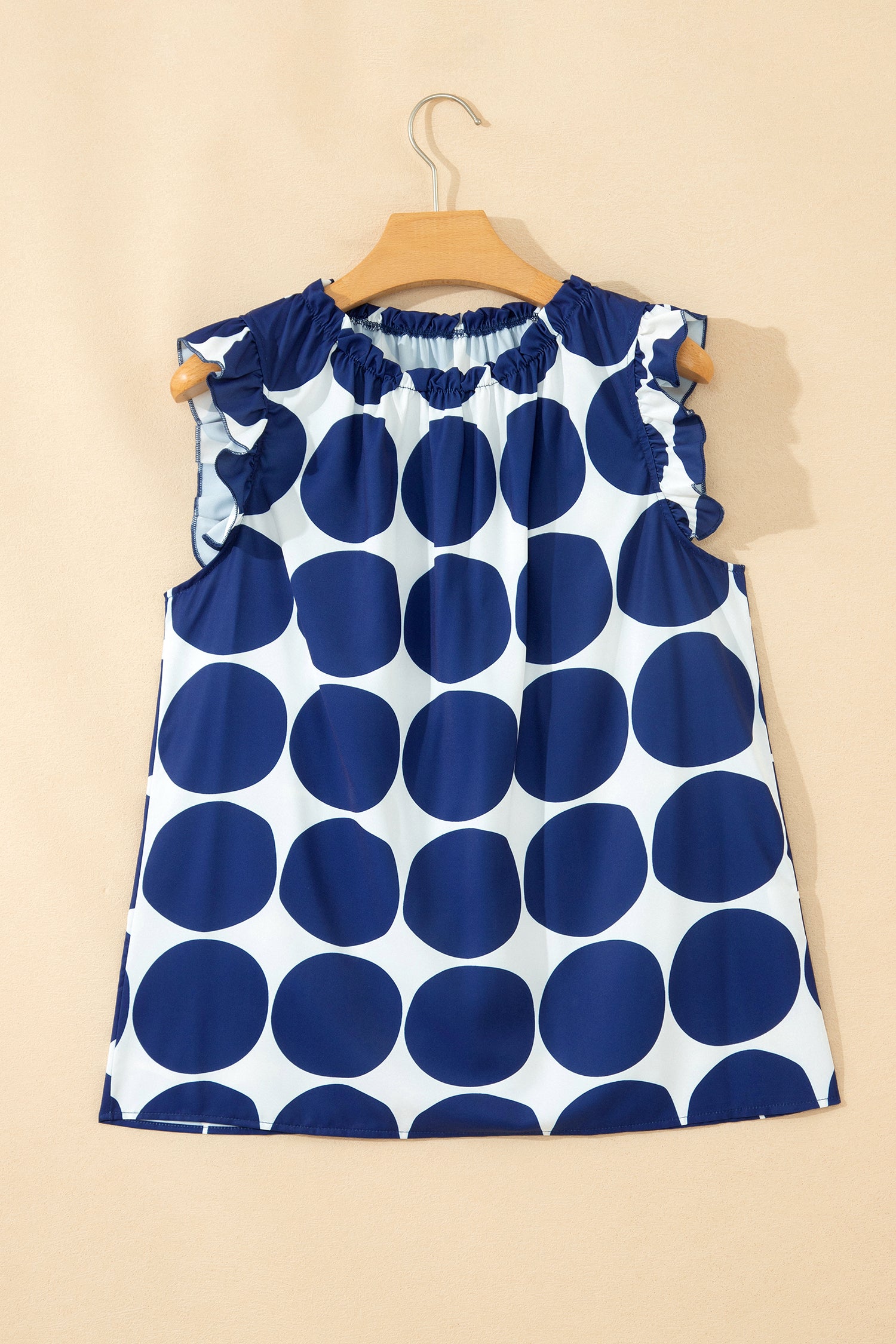 Blue Polka Dot Print Frilled Round Neck Shift Tank Top-Tops/Tank Tops-[Adult]-[Female]-2022 Online Blue Zone Planet