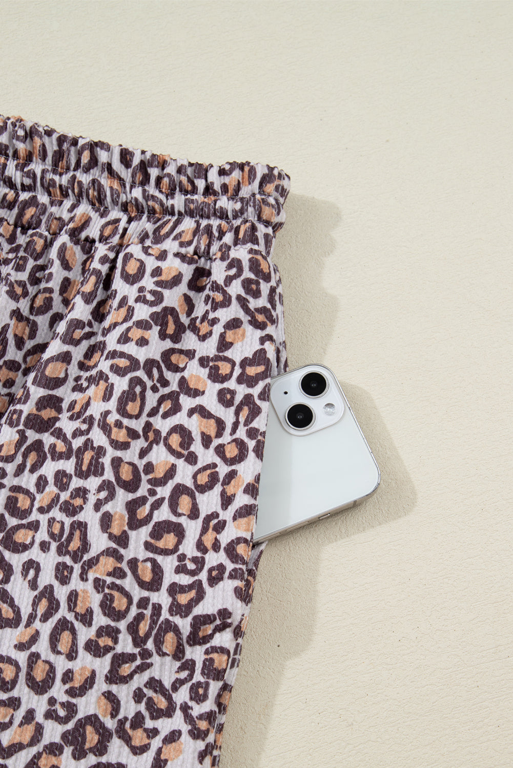 Khaki Leopard Ribbed Long Sleeve Top Drawstring Shorts 2pcs Outfit-Two Piece Sets/Short Sets-[Adult]-[Female]-2022 Online Blue Zone Planet