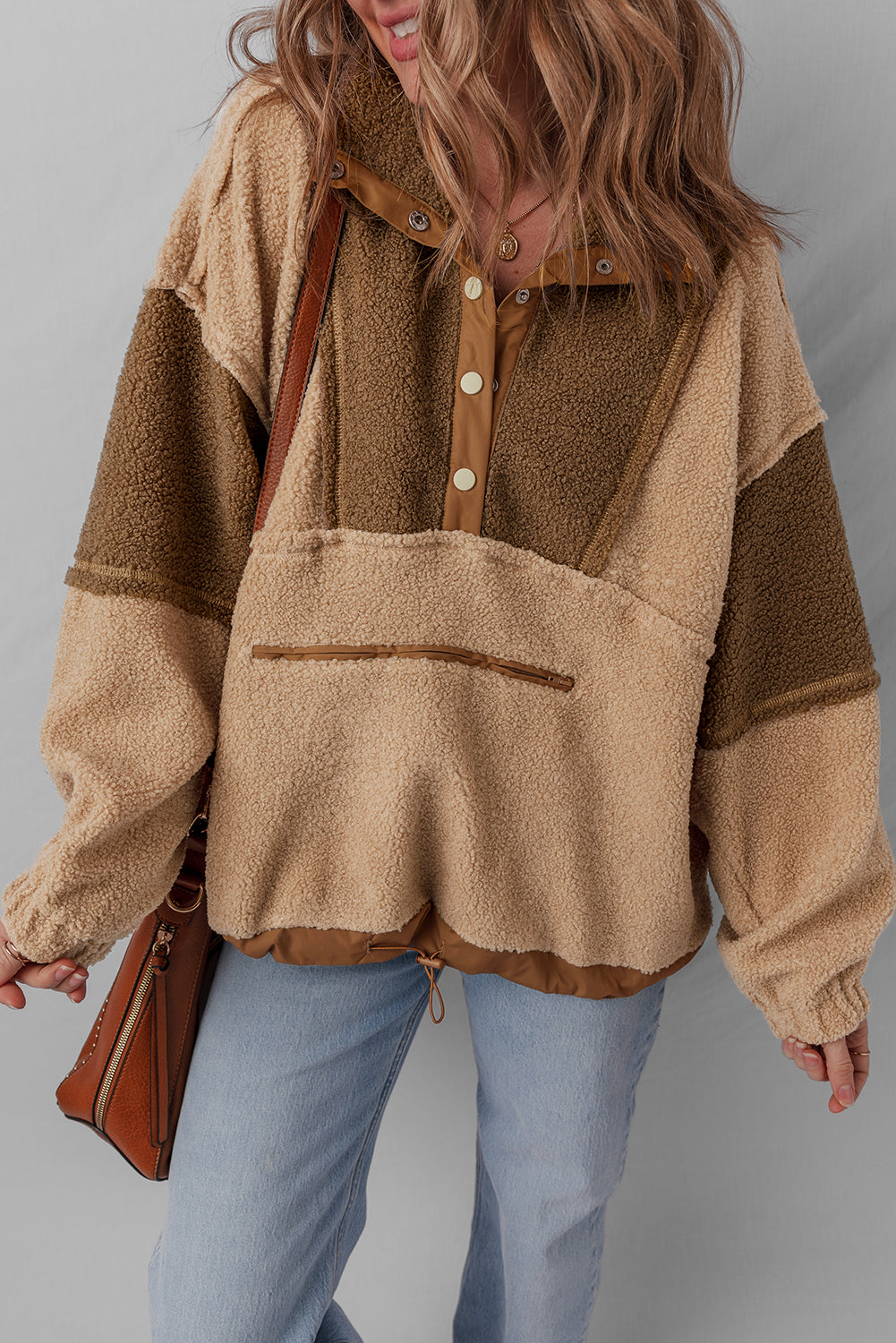 Straw Yellow 2-tone Color Block Patchwork Half Button Sherpa Sweatshirt-Tops/Sweatshirts & Hoodies-[Adult]-[Female]-2022 Online Blue Zone Planet