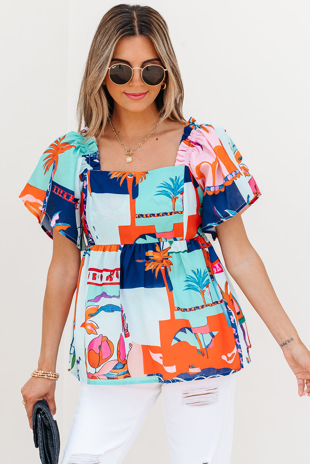 Sky Blue Tropical Printed Square Neck Flutter Sleeve Babydoll Blouse-Tops/Blouses & Shirts-[Adult]-[Female]-2022 Online Blue Zone Planet