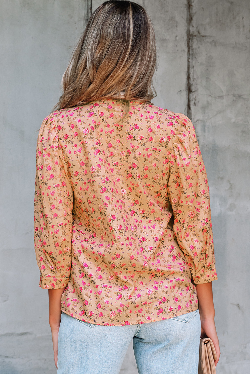 Light French Beige Floral Print Bow Pintuck Bust Half Puff Sleeve Blouse Top-Tops/Blouses & Shirts-[Adult]-[Female]-2022 Online Blue Zone Planet