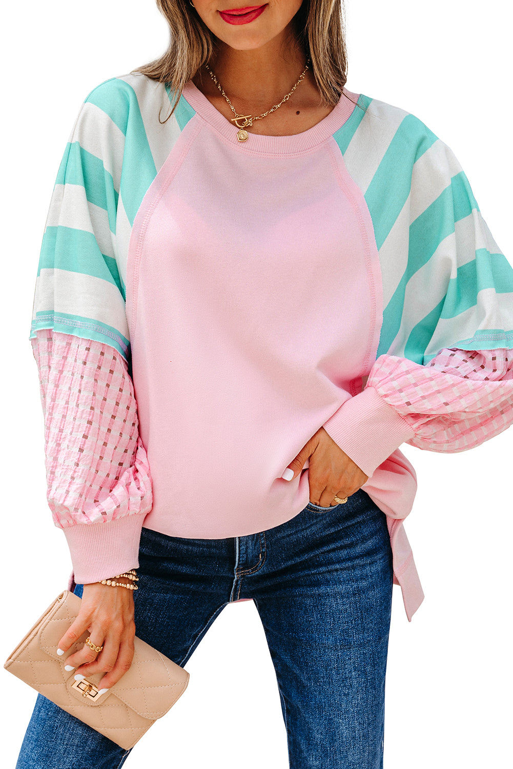 Bonbon Striped Colorblock Patchwork Raglan Pullover Top with Slits-Tops/Long Sleeve Tops-[Adult]-[Female]-2022 Online Blue Zone Planet