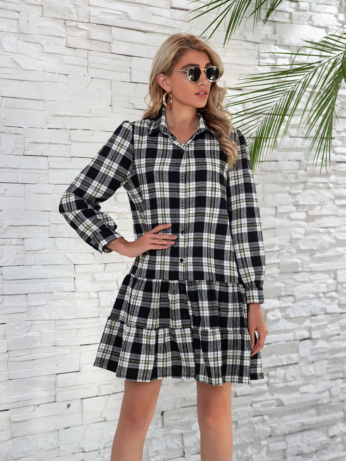 Ruffle Hem Plaid Button Down Long Sleeve Dress-TOPS / DRESSES-[Adult]-[Female]-Black-S-2022 Online Blue Zone Planet