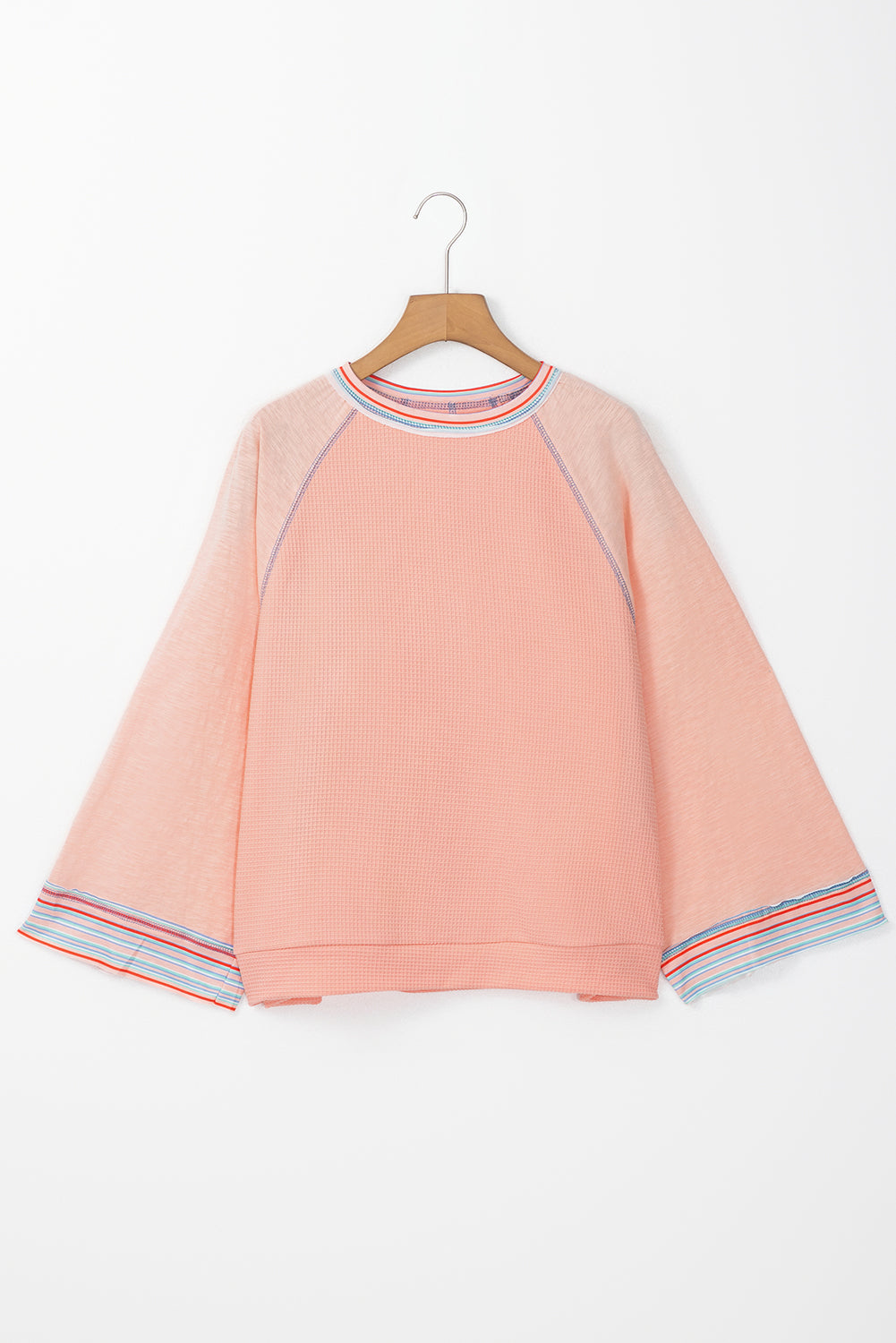 Blue Zone Planet |  Grapefruit Orange Waffle Knit Wide Bracelet Sleeve Patchwork Raglan Top