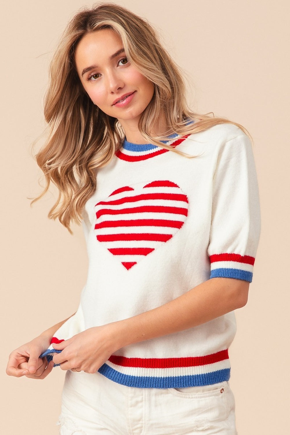 BiBi US Flag Theme Striped Heart Sweater-TOPS / DRESSES-[Adult]-[Female]-2022 Online Blue Zone Planet