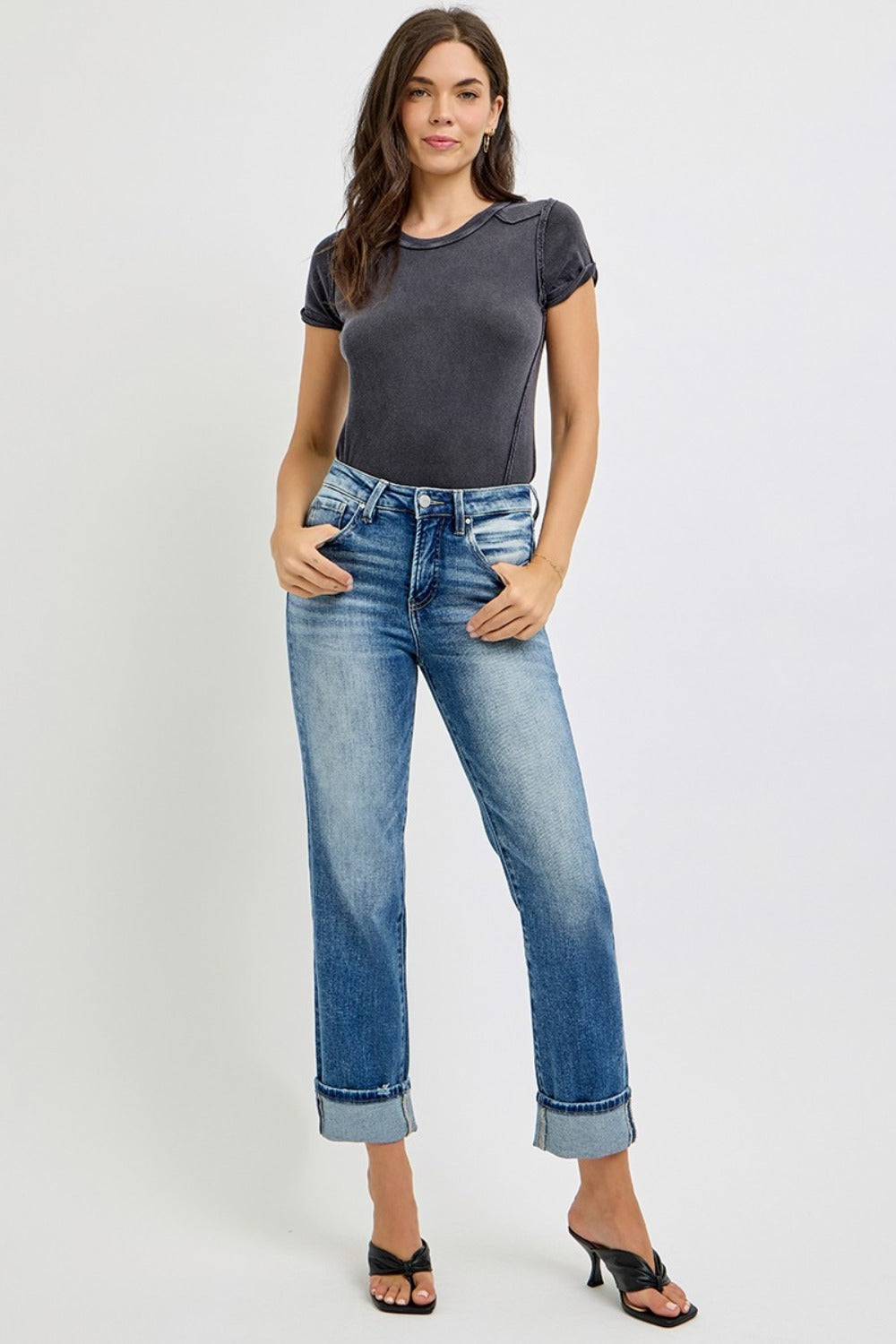 RISEN Full Size High Rise Crop Straight Roll Up Jeans-BOTTOM SIZES SMALL MEDIUM LARGE-[Adult]-[Female]-2022 Online Blue Zone Planet