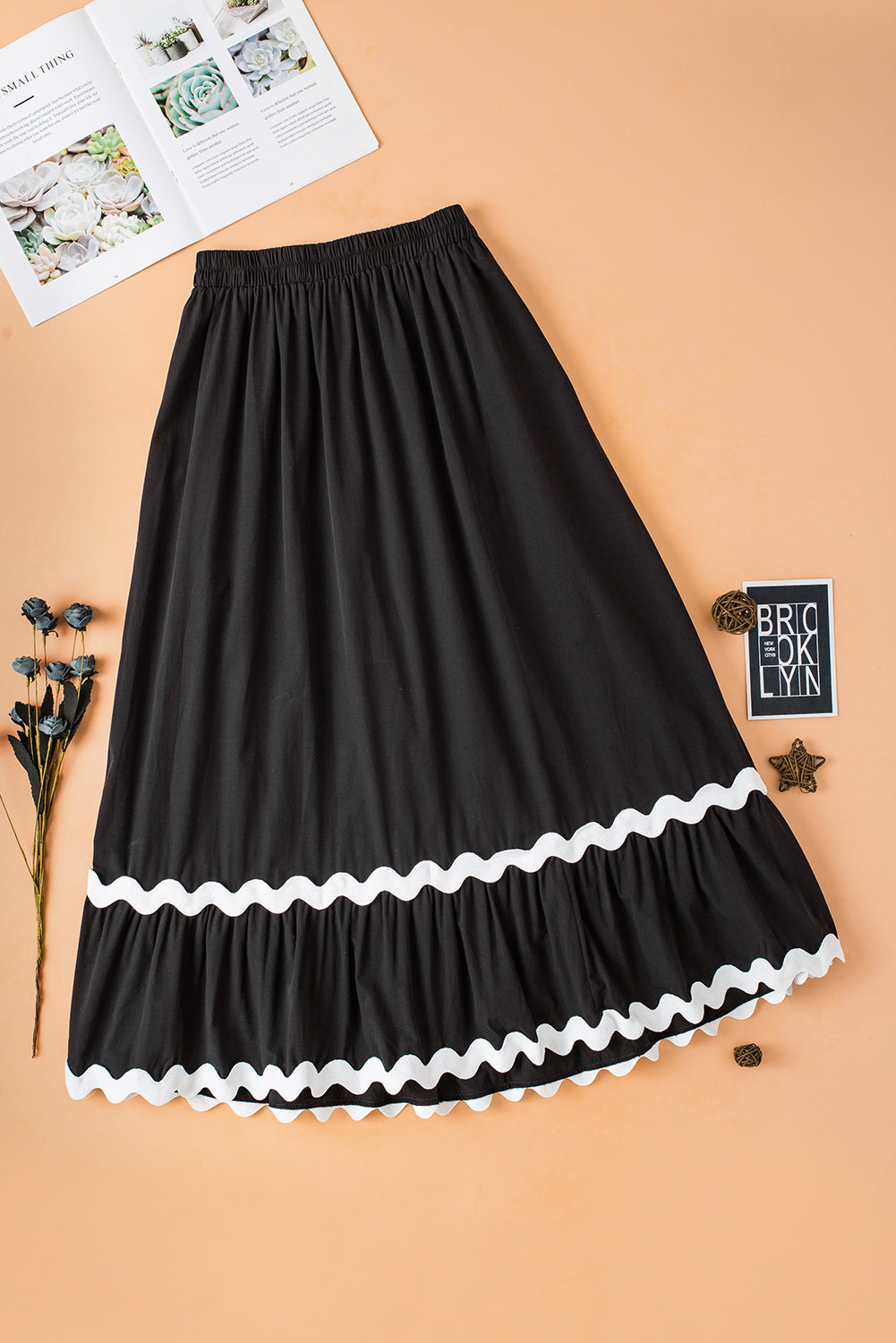 Black Ricrac Trim Colorblock High Waist Long Skirt-Bottoms/Skirts & Petticoat-[Adult]-[Female]-2022 Online Blue Zone Planet