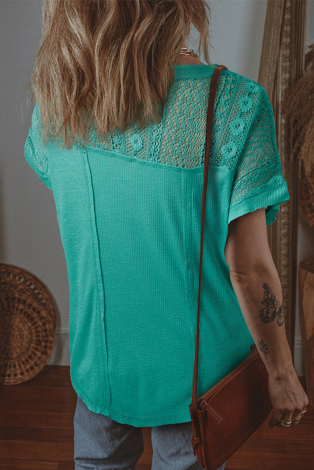Sea Green Lace Patchwork Split Neck Textured Short Sleeve Blouse-Tops/Blouses & Shirts-[Adult]-[Female]-2022 Online Blue Zone Planet