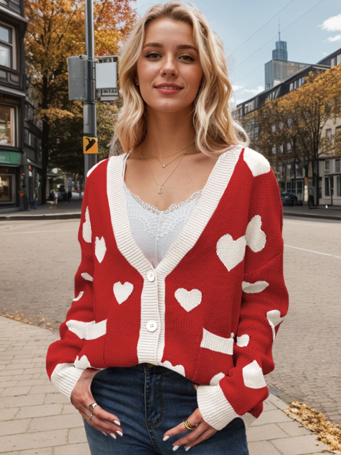 Heart Button Up Dropped Shoulder Long Sleeve Cardigan-TOPS / DRESSES-[Adult]-[Female]-2022 Online Blue Zone Planet