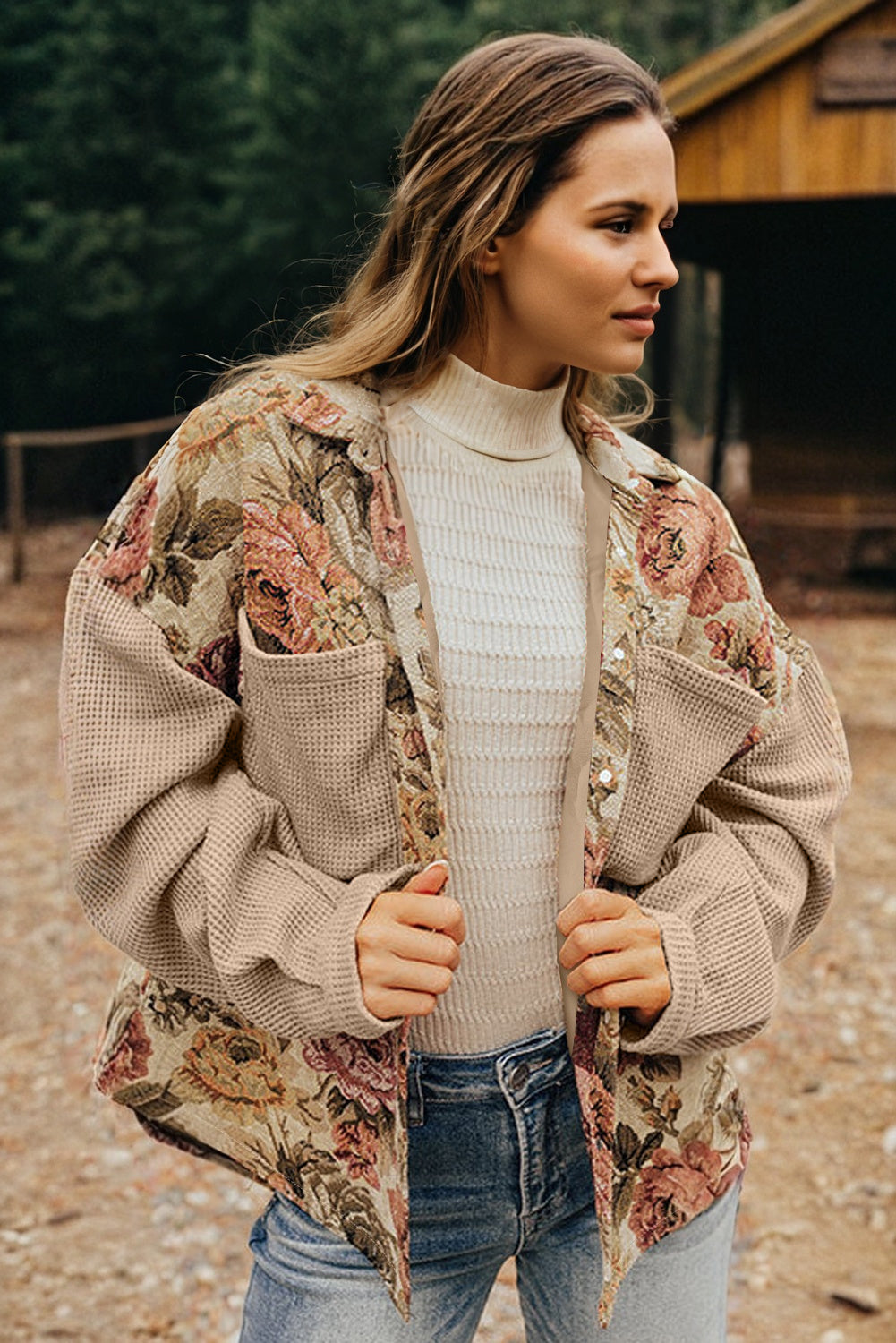 Khaki Floral Waffle Knit Patchwork Chest Pockets Buttoned Jacket-Outerwear/Jackets-[Adult]-[Female]-2022 Online Blue Zone Planet