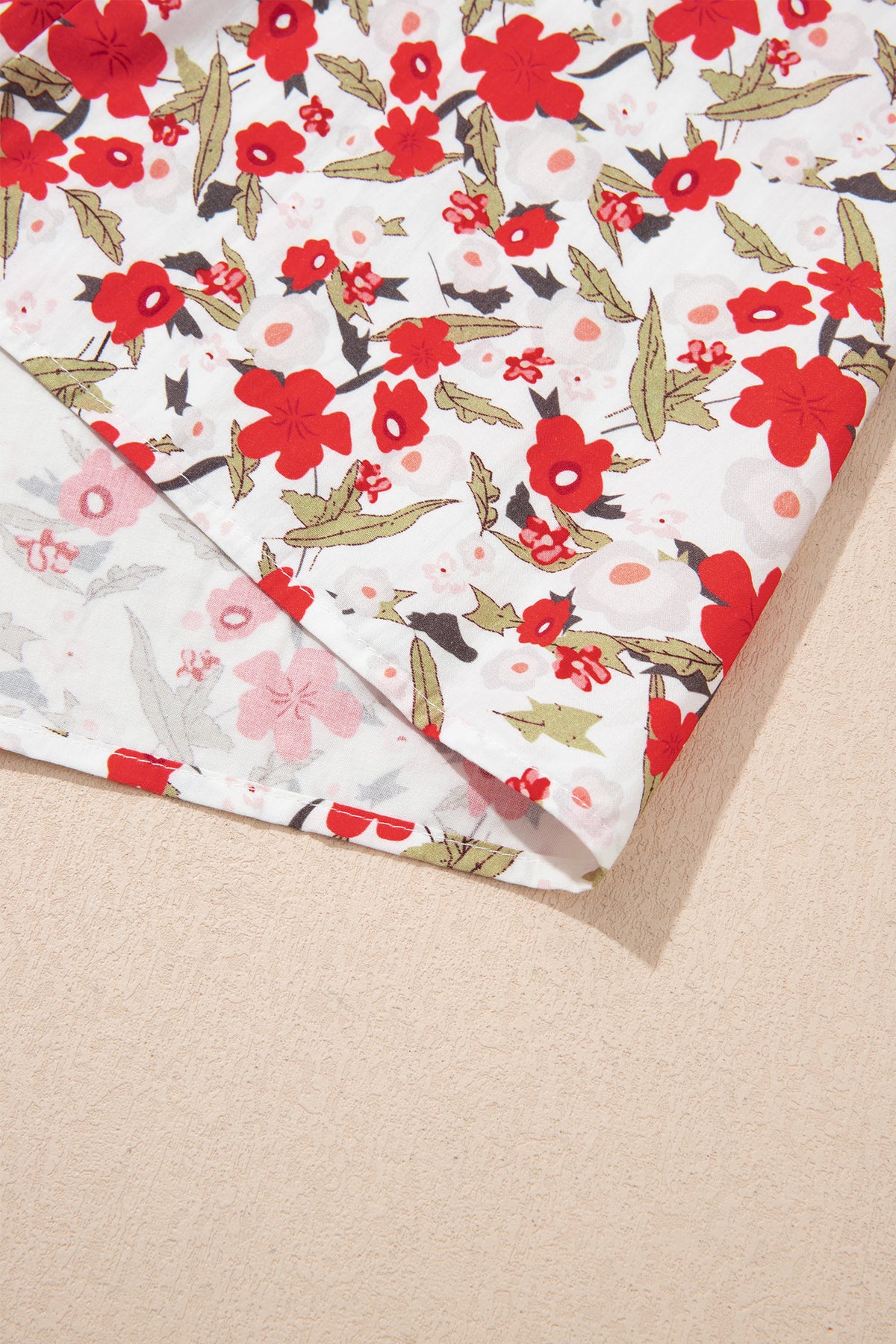 Red Floral Print Short Puff Sleeve Button Front Shirt-Tops/Blouses & Shirts-[Adult]-[Female]-2022 Online Blue Zone Planet