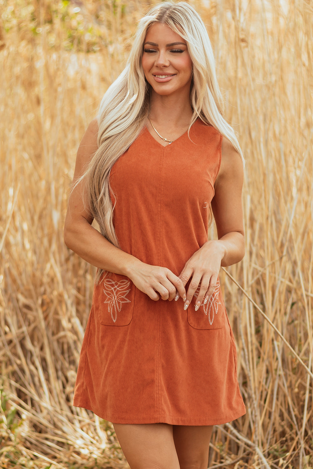 Gold Flame Corduroy Western Embroidered Patched Pocket Shift Sleeveless Mini Dress-Dresses/Mini Dresses-[Adult]-[Female]-2022 Online Blue Zone Planet