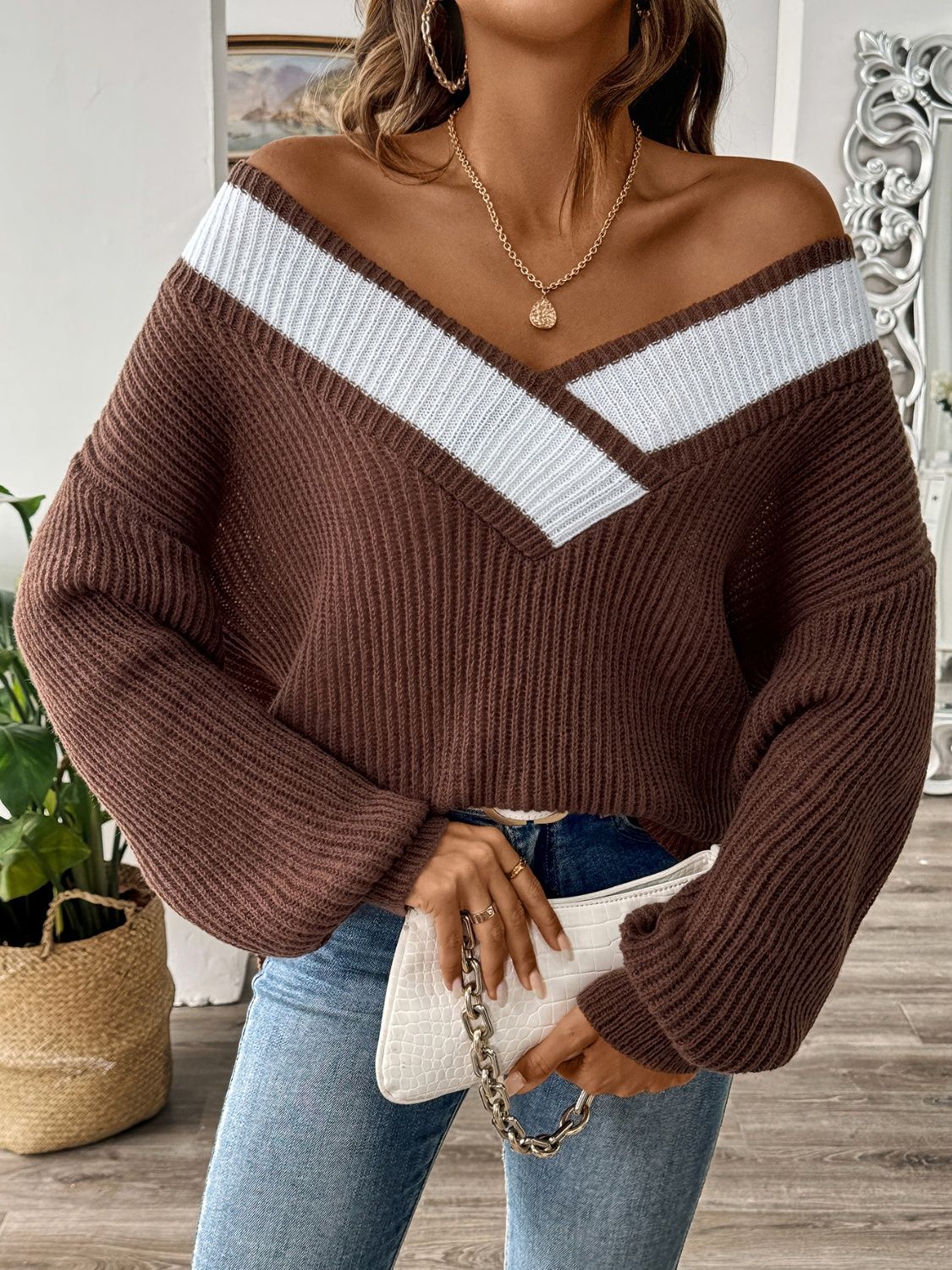 Contrast Dropped Shoulder Long Sleeve Sweater-TOPS / DRESSES-[Adult]-[Female]-Chocolate-S-2022 Online Blue Zone Planet